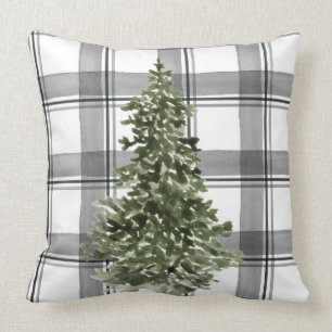 Christmas Tree Watercolor Grey Black Plaid Throw Pillow