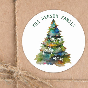 Christmas Tree Watercolor Merry Jolly Happy Classic Round Sticker