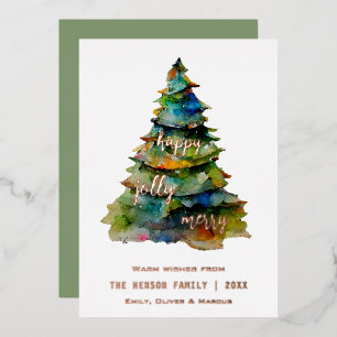 Christmas Tree Watercolor Merry Jolly Happy   Foil Holiday Card