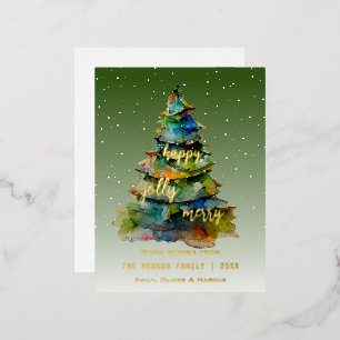 Christmas Tree Watercolor Merry Jolly Happy Foil Holiday Postcard