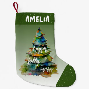 Christmas Tree Watercolor Merry Jolly Happy Green Small Christmas Stocking