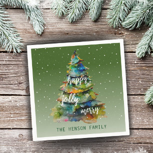 Christmas Tree Watercolor Merry Jolly Happy  Napkin