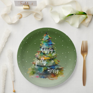 Christmas Tree Watercolor Merry Jolly Happy  Paper Plate