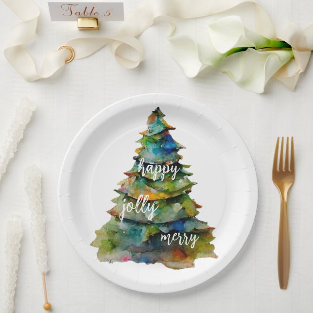 Christmas Tree Watercolor Merry Jolly Happy Paper Plate (Wedding)