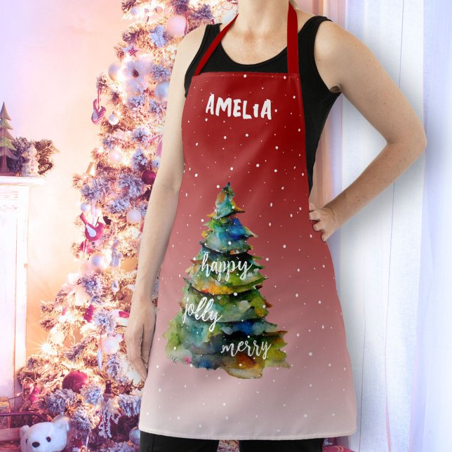 Christmas Tree Watercolor Merry Jolly Happy Red Apron (Creator Uploaded)