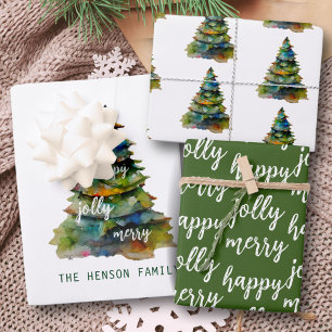 Christmas Tree Watercolor Merry Jolly Happy Script Wrapping Paper Sheet