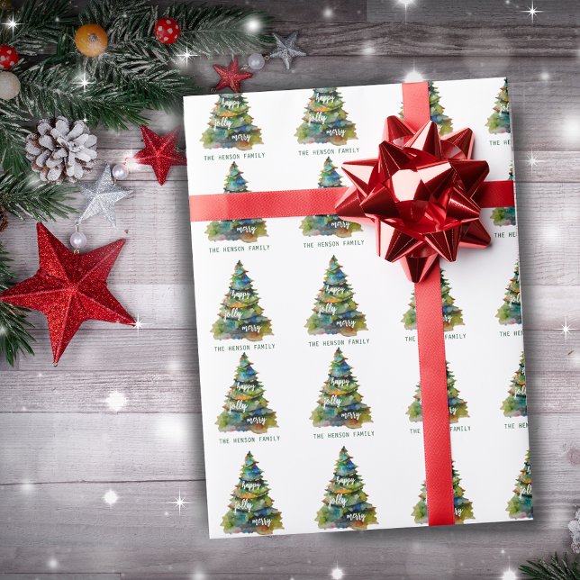 Christmas Tree Watercolor Merry Jolly Happy  Wrapping Paper (Creator Uploaded)