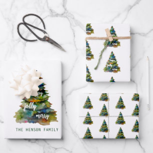 Christmas Tree Watercolor Merry Jolly Happy Wrapping Paper Sheet