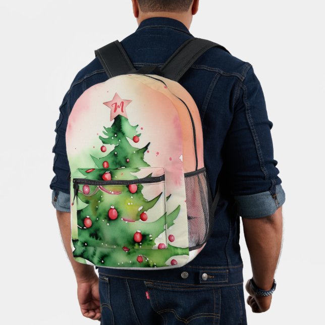 Christmas Tree Watercolor Monogram Festive Holiday Printed Backpack (Insitu (Model))