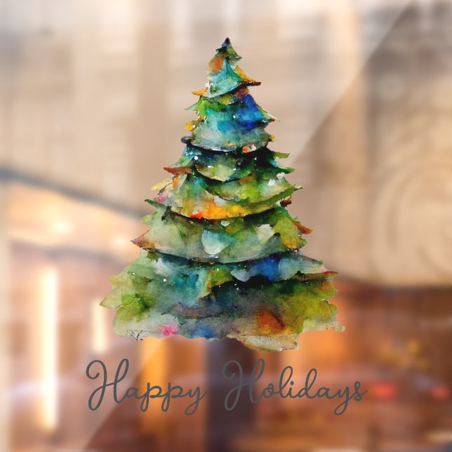 Christmas Tree Watercolor Pine Happy Holiday  Window Cling (Sheet 2)