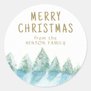 Christmas Tree Watercolor Snowy Forest Artistic  Classic Round Sticker