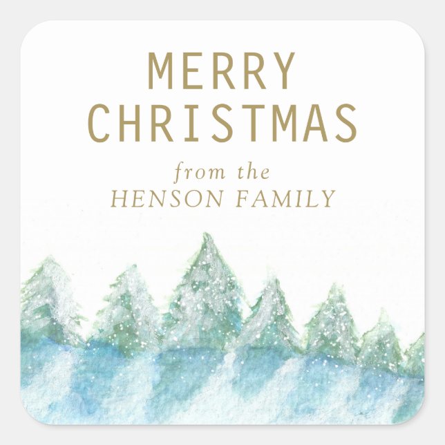 Christmas Tree Watercolor Snowy Forest Artistic Square Sticker (Front)