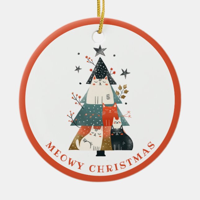 Christmas Tree& Whimsical Cats Personalized Xmas  Ceramic Ornament (Front)
