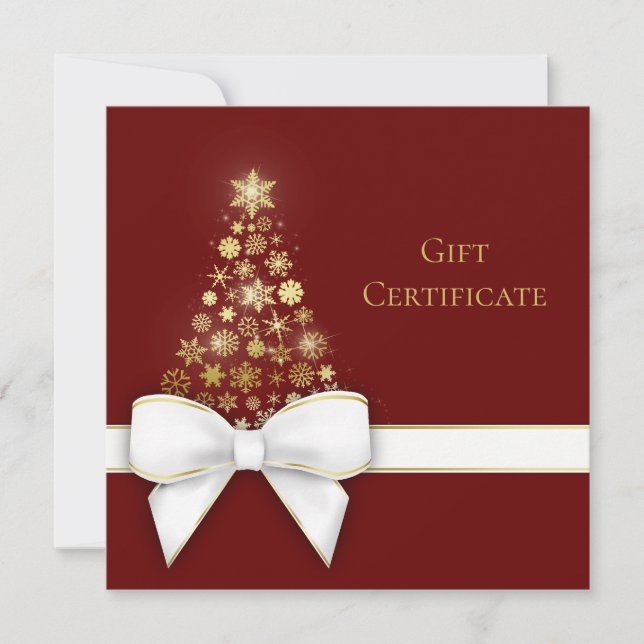 Christmas Tree White Bow Gold Snowflakes Gift Card (Front)