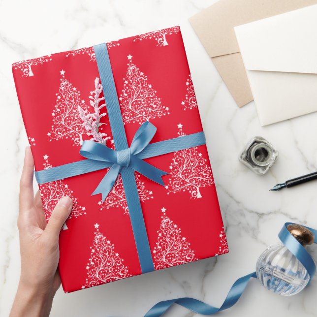 Christmas tree white red background stylish chic wrapping paper (Gifting)