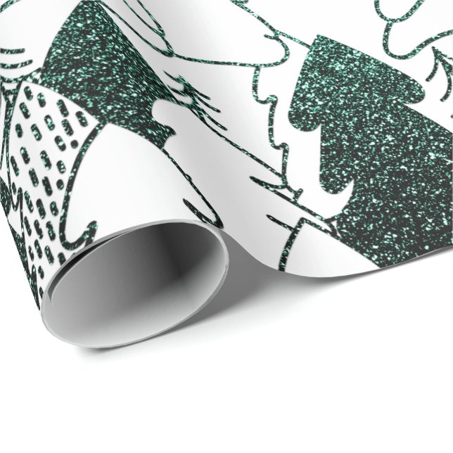 Christmas Tree White Woodland Fancy Glitter Green Wrapping Paper (Roll Corner)
