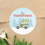 Christmas Tree Winter Scene Vintage Car Cute  Classic Round Sticker<br><div class="desc">A cute country blue car driving down a country road in the snowflake snow, with a Christmas tree tied to the top. Personalized with your name. Makes a cute holiday Christmas gift. This design features Christmas modern rustic winter car, winter scene pine tree simple, Christmas tree snow snowflakes, watercolor cute...</div>