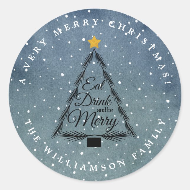 Christmas Tree Winter Snowfall Blue Envelope Seal (Front)