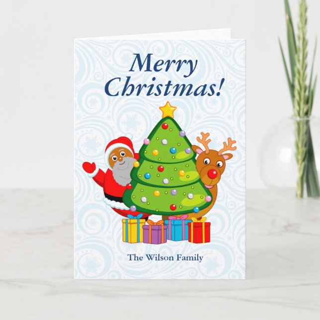 Christmas tree with black Santa Claus & Rudolph, Holiday Card (Front)