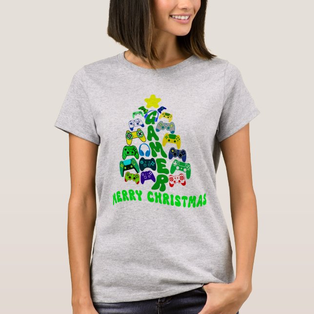 Christmas tree with colourful game controllers T-Shirt (Front)