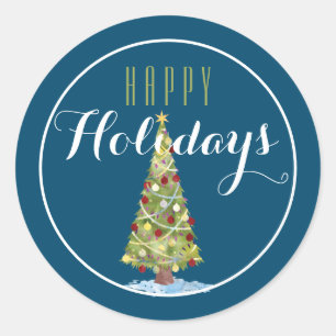 Christmas Tree with Decorations Happy Holiday/Blue Classic Round Sticker