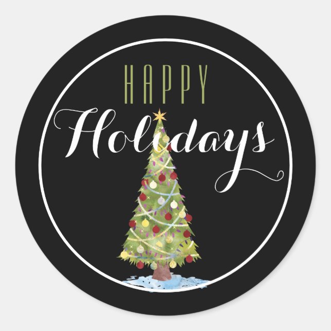 Christmas Tree with Decorations Happy Holiday Classic Round Sticker (Front)