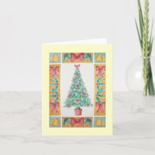 Christmas tree with decorations red bows bells holiday card