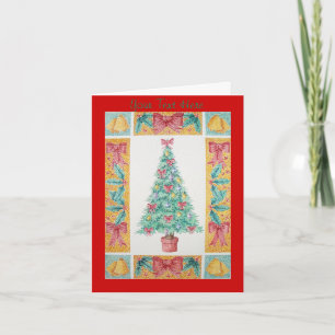 Christmas tree with decorations red bows bells holiday card