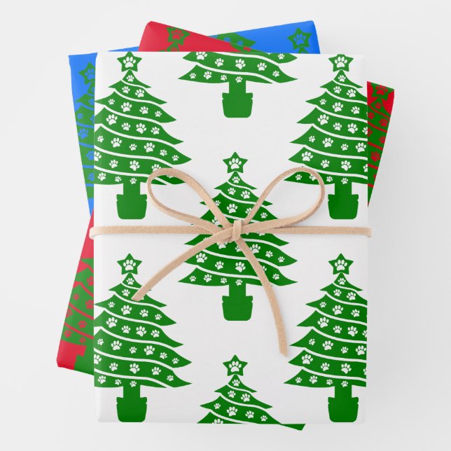 Christmas Tree With Dog Paw Prints Wrapping Paper Sheet (In situ)