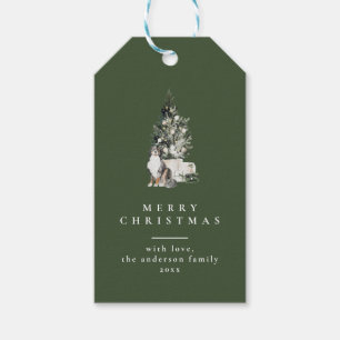Christmas Tree with Dog Typography Green Gift Tags