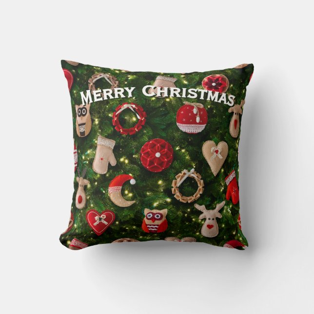 Christmas tree with felt toys throw pillow (Front)