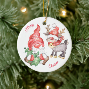 Christmas Tree With Gnome and Reindeer Ceramic Ornament