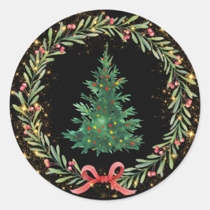Christmas tree with gold sparkles red berries classic round sticker