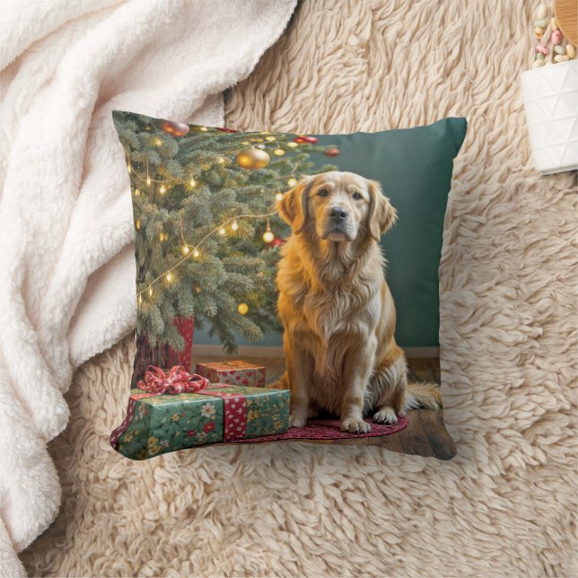 Christmas Tree With Golden Retriever Dog Throw Pillow (Blanket)