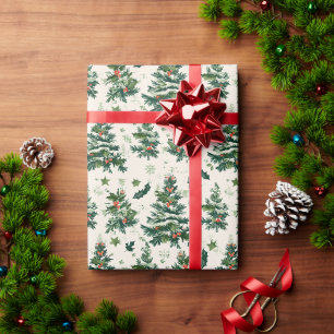 Christmas Tree With Holly Leaves And Snowflakes Wrapping Paper