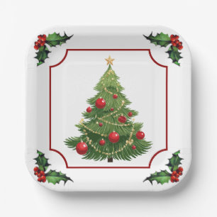 Christmas Tree with Holly Paper Plate
