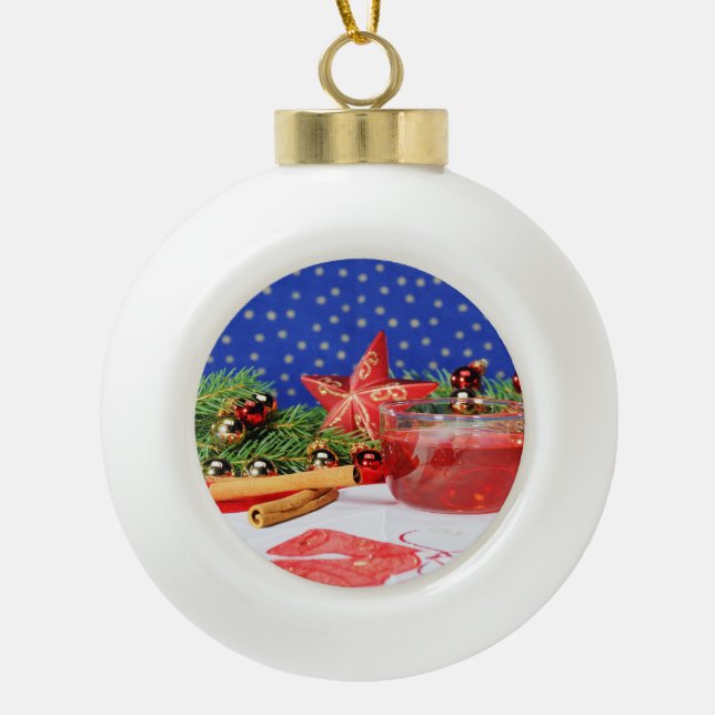 Christmas tree with picture and bell motif ceramic ball christmas ornament (Front)