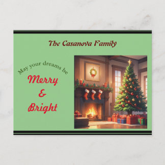 Christmas tree with presents and a fireplace holiday postcard