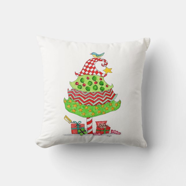 Christmas Tree with Presents and Cat Throw Pillow (Front)