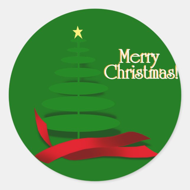 Christmas Tree with Red Ribbon Classic Round Sticker (Front)