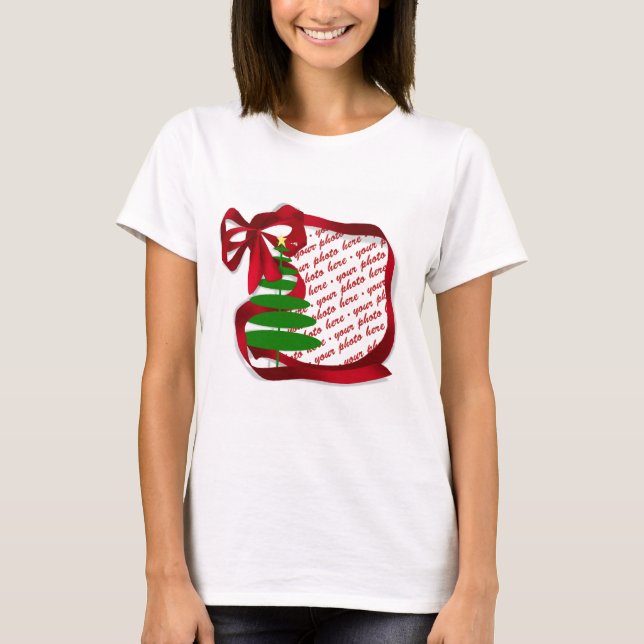 Christmas Tree with Red Ribbon Photo Frame T-Shirt (Front)