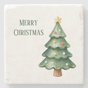 Christmas Tree with Star and Ornaments Stone Coaster