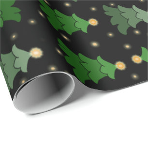 Christmas Tree with Stars on Black Wrapping Paper