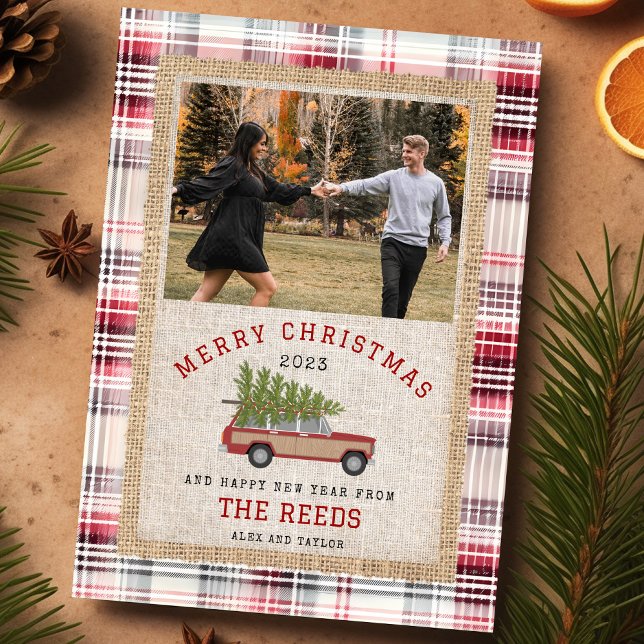 Christmas Tree Wood Wagon SUV Photo Tartan Plaid Holiday Card (Creator Uploaded)