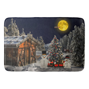 Christmas Tree Wooden Cottage Snowman Full Moon Bath Mat