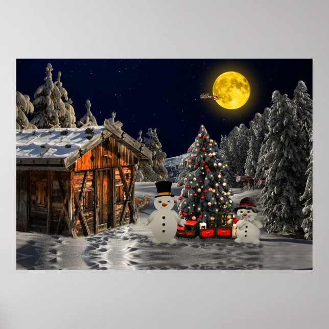 Christmas Tree Wooden Cottage Snowman Full Moon Poster (Front)