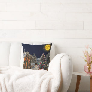 Christmas Tree Wooden Cottage Snowman Full Moon Throw Pillow