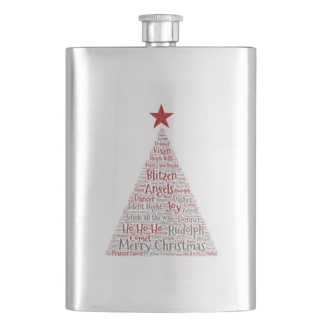 Christmas Tree Word Art with Red Star Hip Flask (Front)