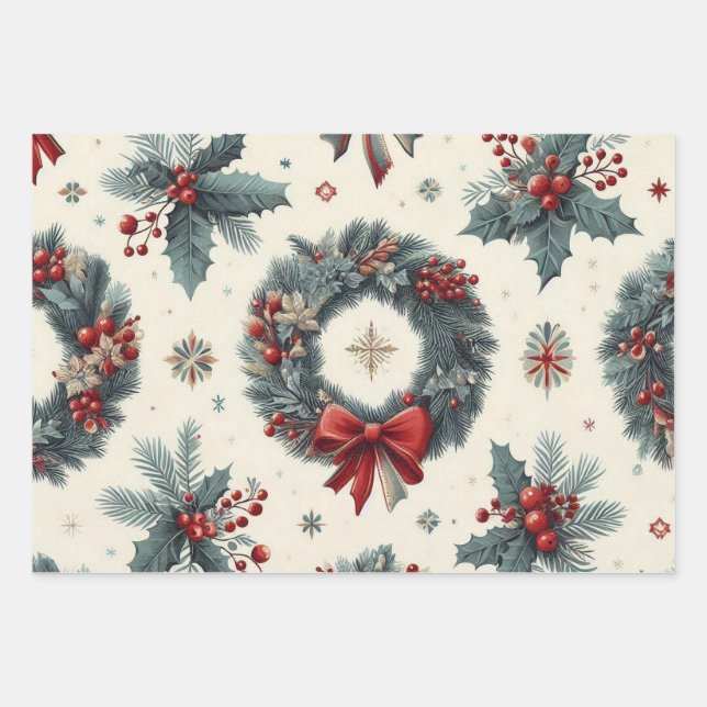 Christmas tree wreath ornaments design blue begie wrapping paper sheet (Front)