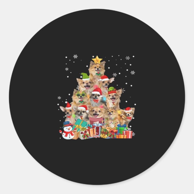 Christmas Tree Xmas Lights Chihuahua Classic T-Shi Classic Round Sticker (Front)